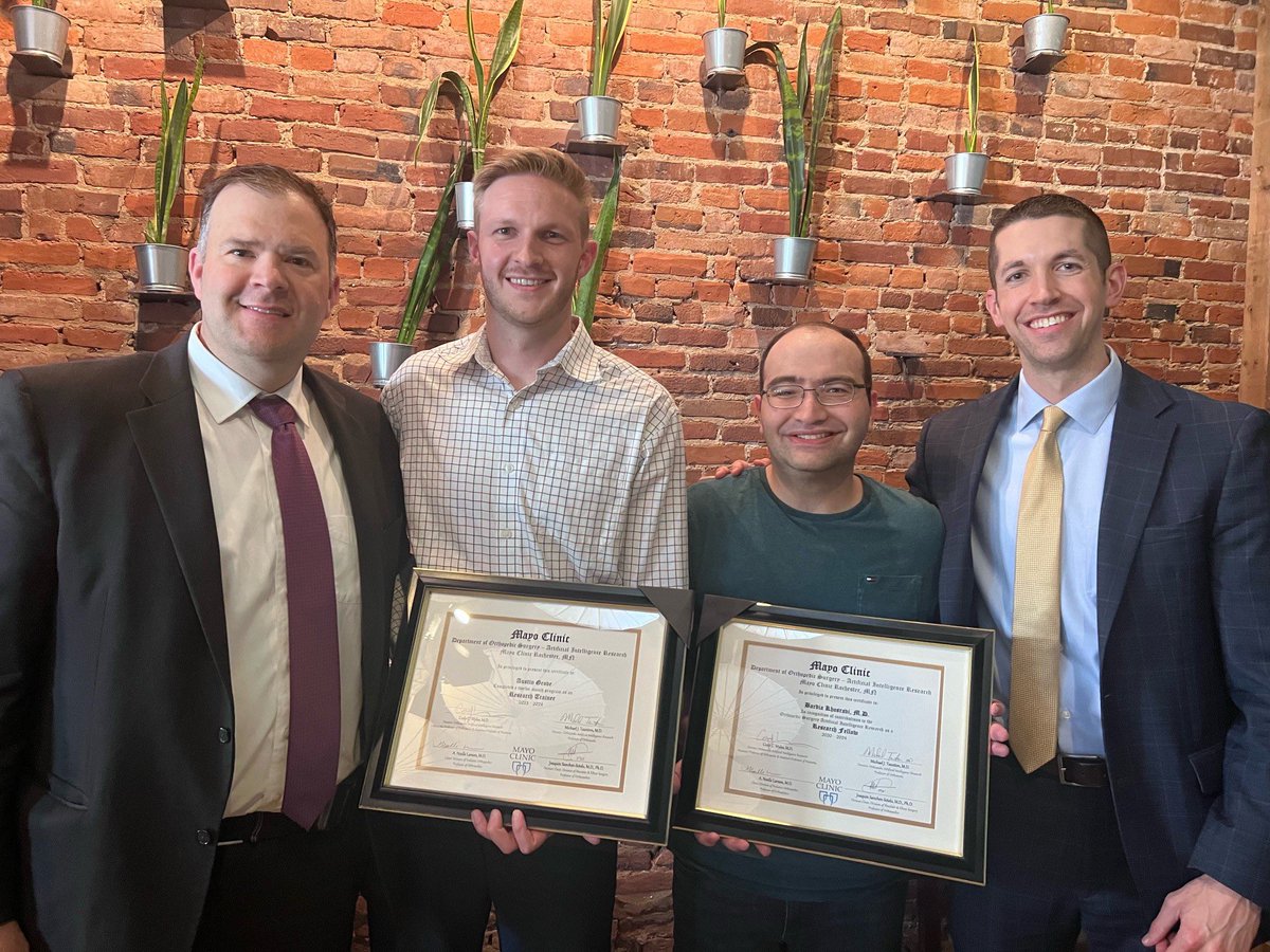 A heartfelt congratulations and farewell to our lab members embarking on exciting new journeys! <a href="/PRouzrokh/">Pouria Rouzrokh, MD</a> &amp; <a href="/BrdKhsrv/">Bardia Khosravi, MD</a> start Radiology Residency, while <a href="/austingrove51/">Austin Grove</a> &amp; <a href="/ElizabethKaji/">Ellie Kaji</a> start their last year of medical school pursuing Orthopedic Surgery Residency!
