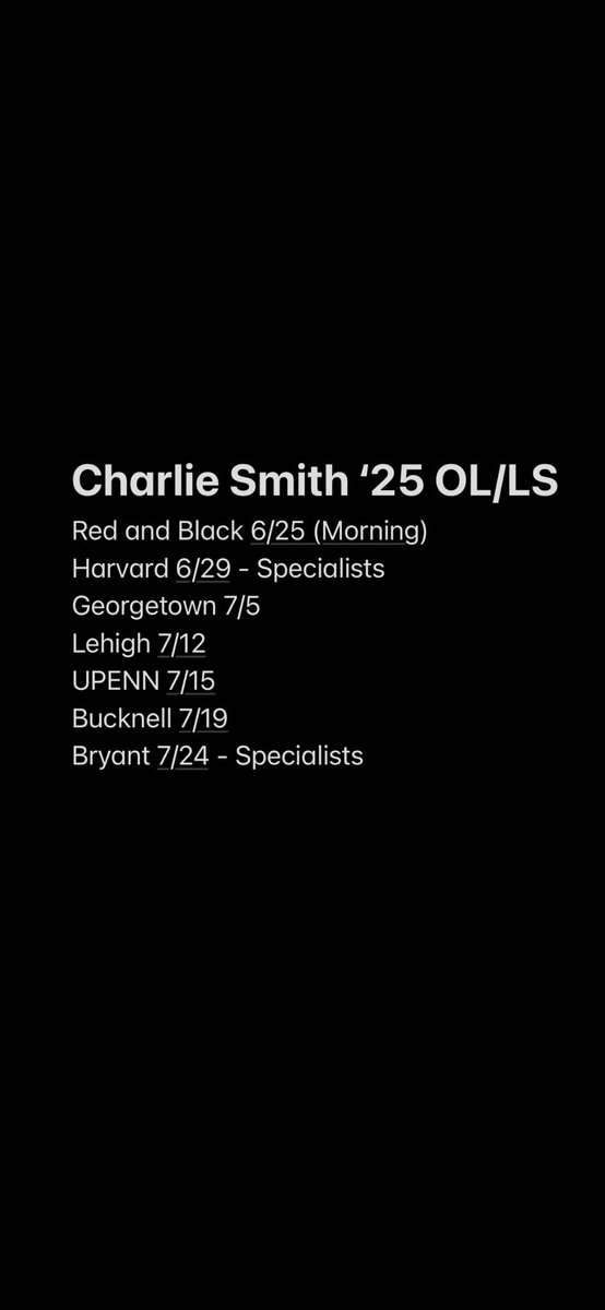 Charlie Smith (@csmitty4227) on Twitter photo Coaches, here is my camp schedule for the summer! Excited to compete and work to get better! <a href="/DABigGreenFB/">Deerfield Academy Football</a> Coaches, here is my camp schedule for the summer! Excited to compete and work to get better! <a href="/DABigGreenFB/">Deerfield Academy Football</a>