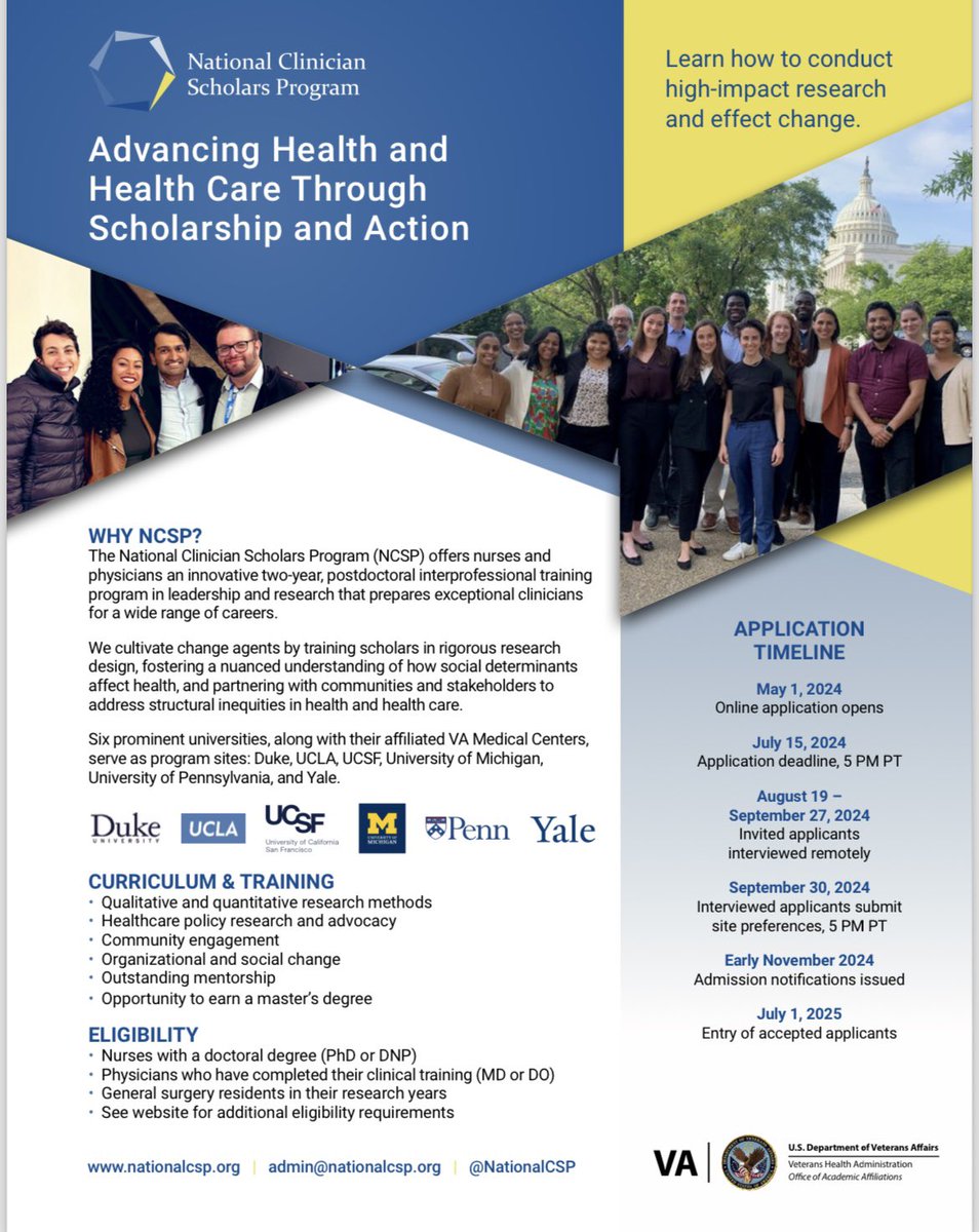I’d like to share a career changing opportunity for clinicians who are interested in training to become leaders in healthcare. 

The National Clinician Scholars Program (NCSP) is a two-year fellowship program in healthcare research, policy, and leadership.