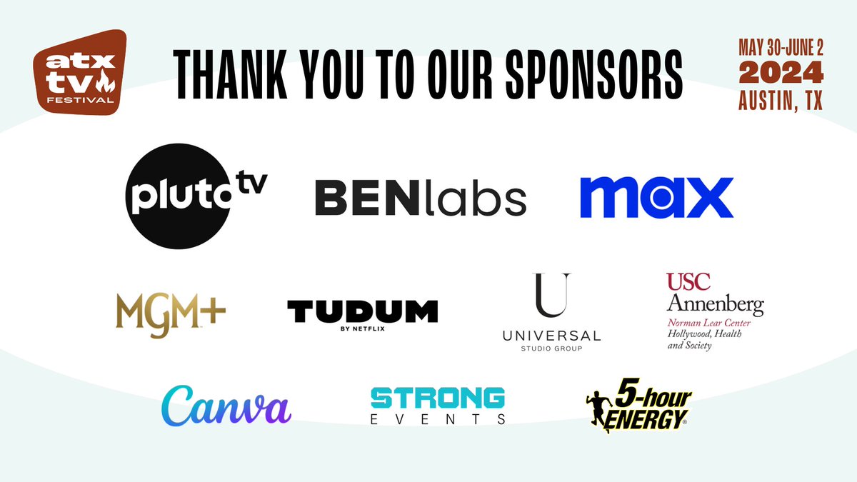 ATXFestival's tweet photo. With #ATXTVs13 already behind us, we have to give a big shout-out to our sponsors! We could not have done this without them.
If you loved what they brought us this year, consider tagging them on social media to tell them! And if you do, please tag us too! https://t.co/ENpHCnOVBY
