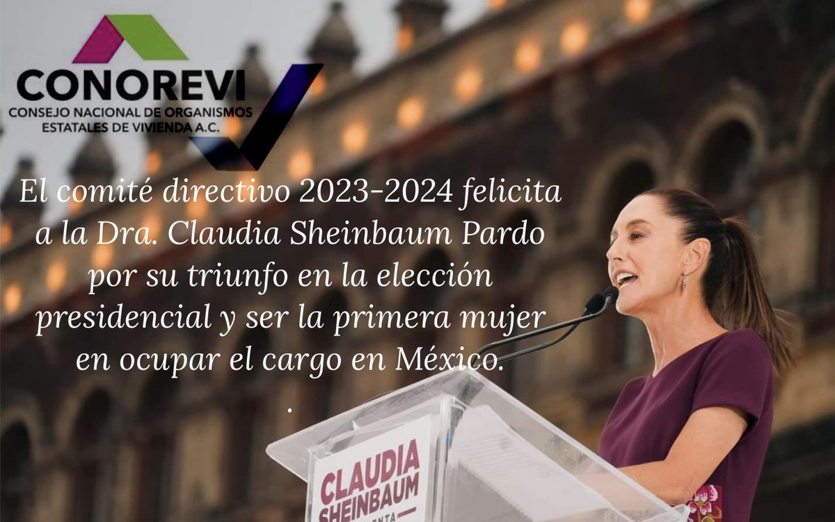 Los integrantes del <a href="/ConoreviAC/">Conorevi AC</a> felicitan a la Dra. <a href="/Claudiashein/">Claudia Sheinbaum Pardo</a> por su triunfo en las recientes elecciones del país. 

¡Enhorabuena, por el bien de los mexicanos! 

#ClaudiaSheinbaumPresidenta2024