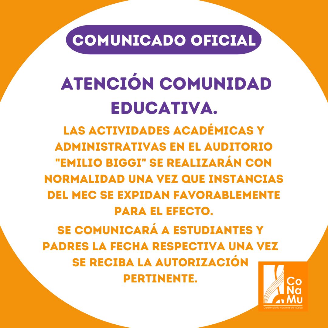 ATENCIÓN comunidad educativa #CONAMU 📣
Información Importante ❗️
🔸A partir del martes 04 de junio se reanudan las actividades académicas y administrativas en las Sedes: Central, 25 de Mayo y Filial Itauguá.
🔸 Las actividades académicas y administrativas en el Auditorio «Emilio