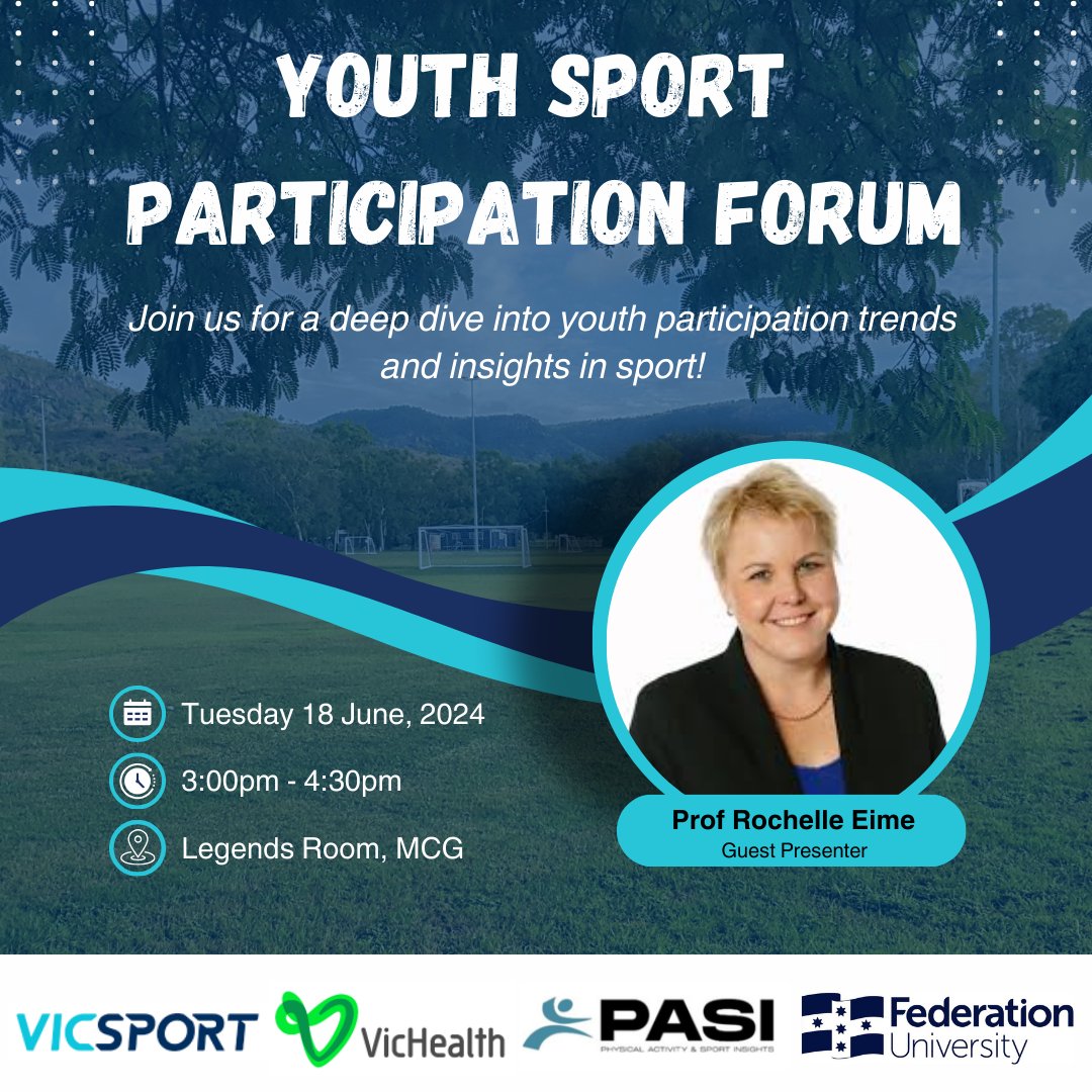 vicsportAU's tweet photo. With the support of Vicsport and @VicHealth, this forum will take a deep dive into youth participation trends and insights in sport courtesy of Professor Rochelle Eime, Director of PASI - Physical Activity and Sport Insights: https://t.co/xuAQiSJEPl https://t.co/FE49GoTPR2