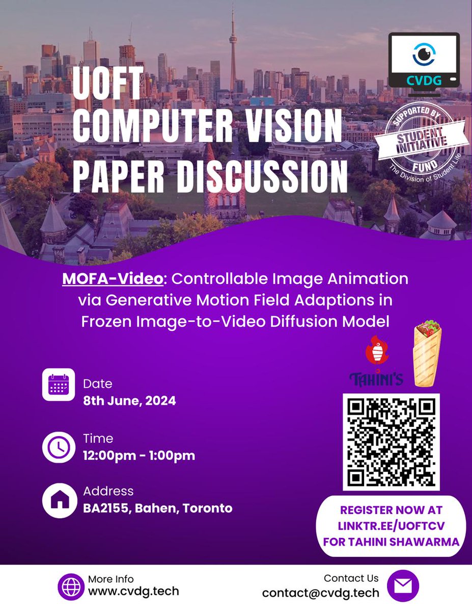 uoftcv's tweet photo. Join us for UofT's Computer Vision Club Paper Discussion!

We're going to be reading and discussing 'MOFA-Video: Controllable Image Animation' 

 And yes, Shawarma🍲

📅8th June, 2024, BA2155 https://t.co/TEKm4wwZuw