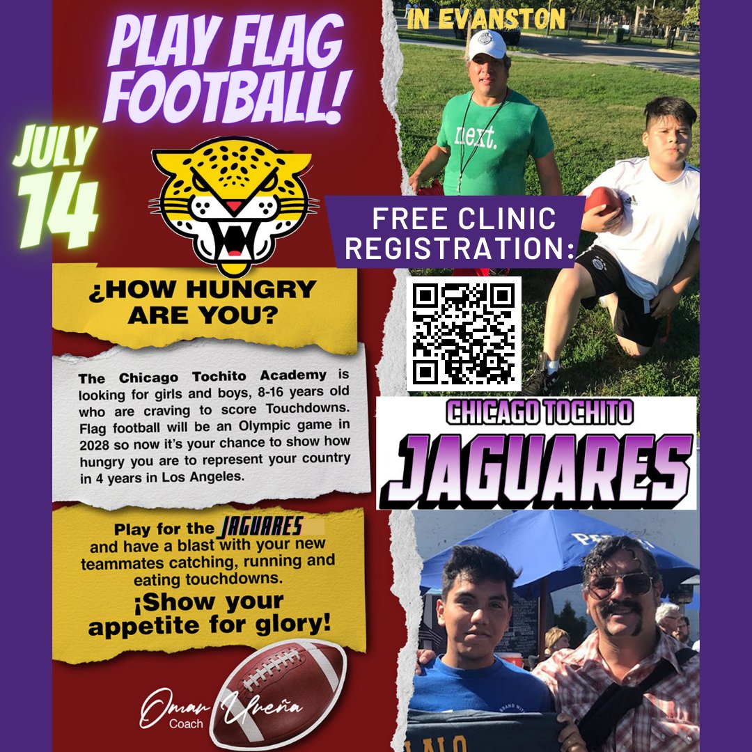 ChicagoTochito's tweet photo. Sign up for our #FREE #flagfootball clinic in Evanston! Girls &amp; boys ages 8-16. July 14th, 10:00 am. Kids will be coached by former Univ. of Mexico #pumas players and they will get a #Jaguares T-shirt and a lunch box | #Tochito #Evanston #FreeClinic #YouthFlagFootball https://t.co/YfF35Rrktm