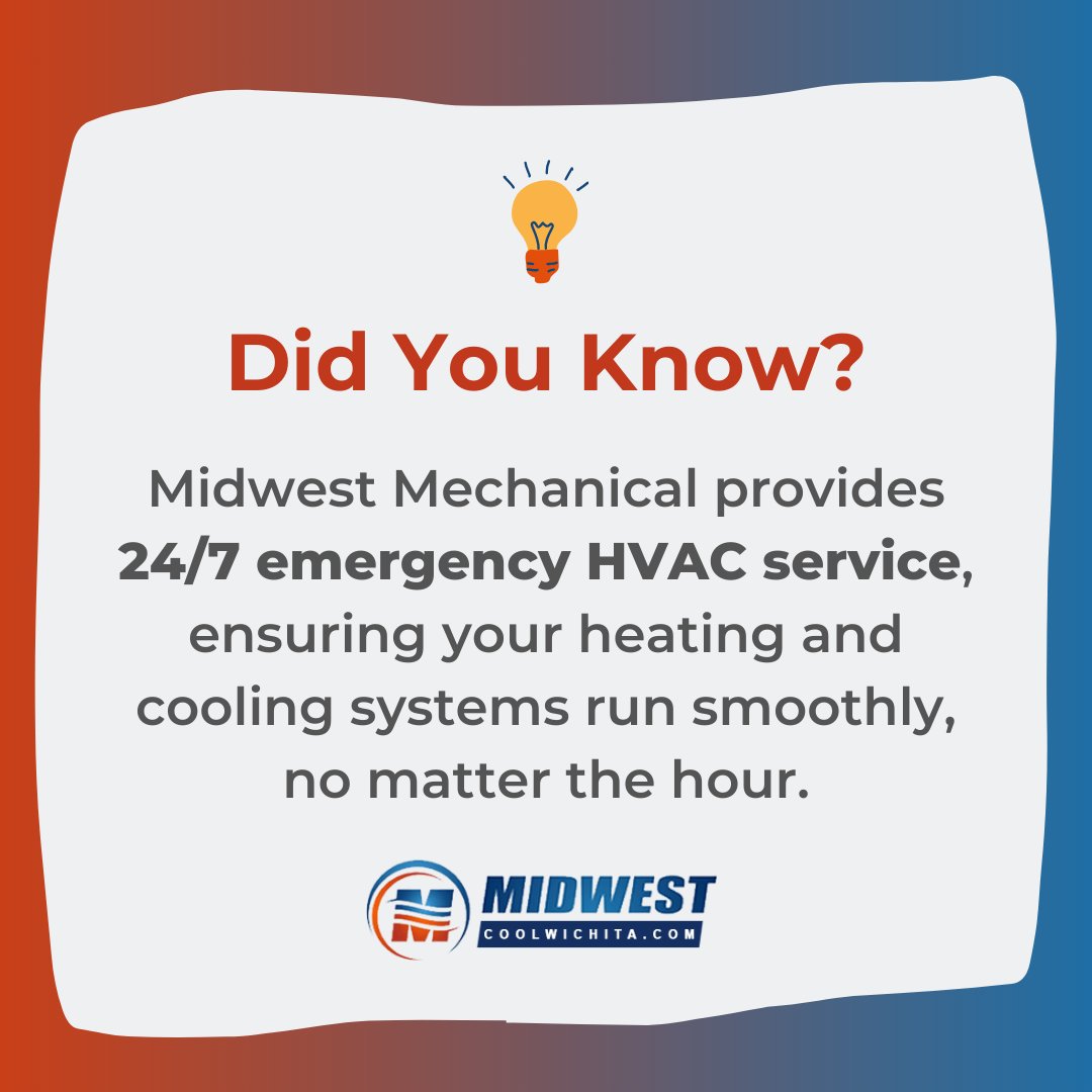 MWMechanical's tweet image. Midwest Mechanical offers 24/7 emergency HVAC service, keeping your comfort a top priority around the clock.

Never worry about unexpected breakdowns again!

To know more about our services, visit: coolwichita.com/services/

#RoundTheClockService #ComfortGuaranteed #MWMechanical