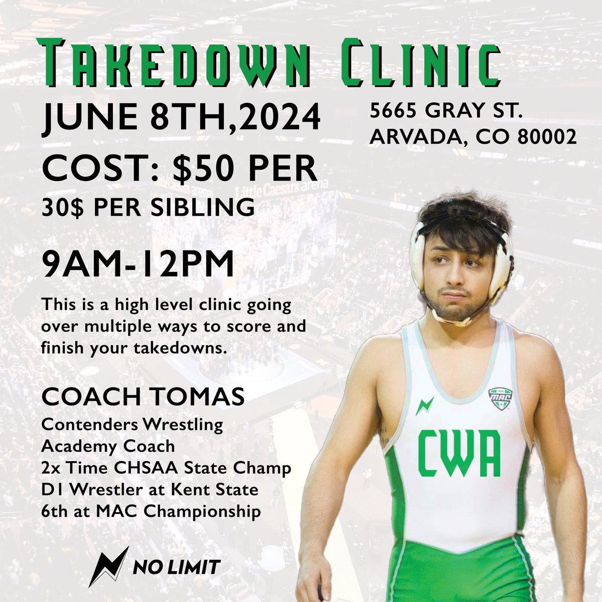 🚨🚨Takedown Clinic!🚨🚨 
Join us at the shop this weekend and sharpen your skills in the Neutral position. All are welcome and we would love to see kids come in and get better from all over! Bring your buddies, bring your team... let's gooo! 
&gt;&gt; nolimitwrestle.com/takedownclinic