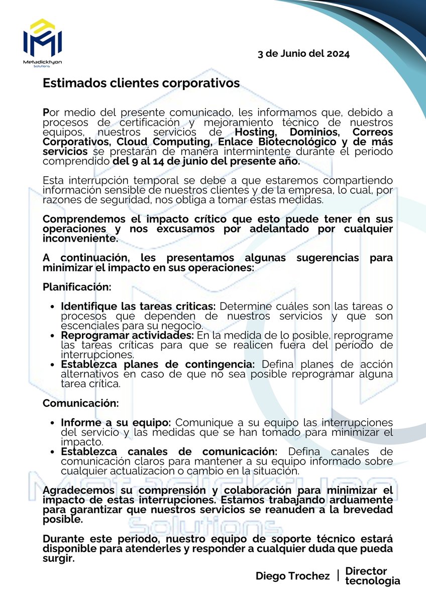 Metadickton's tweet photo. Aviso importante para nuestros clientes:
Del 9 al 14 de junio realizaremos trabajos de certificación y mejoras en nuestros sistemas, lo que causará interrupciones temporales en algunos servicios. Disculpen las molestias y gracias por su comprensión. Más detalles en nuestra web. https://t.co/Dihuaz8zR5