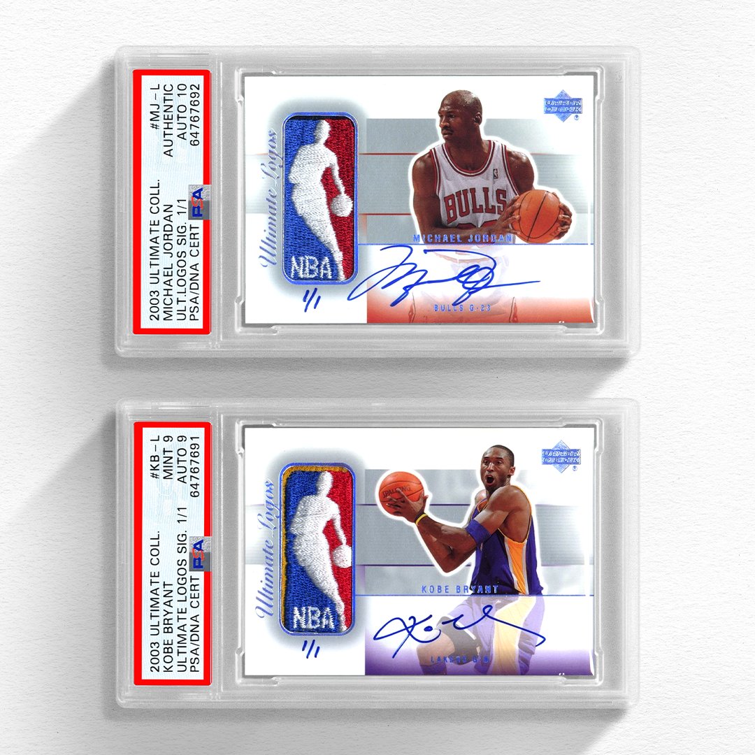 PSAcard's tweet photo. DID YOU KNOW: The card with the PSA certification number that was graded just before the Michael Jordan grail that made auction waves this weekend? It was the highly-coveted Kobe Bryant 1/1 from the same set. 

The incredible MJ 2003 Ultimate Collection Ultimate Logos Signature 1/1 sold for $2.9 million – a new record-high sale price for any Jordan card.

These two cards arrived together at PSA for authentication & grading in May 2022 in the same submission.