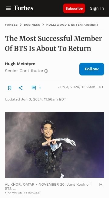 JKTEAM_KOR's tweet photo. Forbes 
방탄소년단의 가장 성공적인 멤버가 곧 돌아올 것입니다.

#정국 씨는 지난 주말 새 싱글이 곧 발매될 예정이라고 밝혔습니다. "Never Let Go"는 6월 7일 금요일에 발매될 것으로 예상됩니다. https://t.co/4Vrr8LGDqo