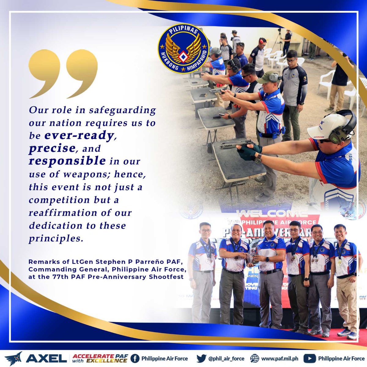 PhilAirForce's tweet photo. PAF HIGHLIGHTS
Highlighting its importance to their duties, LtGen Stephen P ParreΓ±o PAF, Commanding General of the Philippine Air Force, emphasized to Pre-#Anniversary #Shootfest participants that the event honed their skills and bolstered their readiness in operating firearms. https://t.co/Oc7s3LVdIy