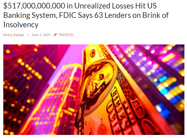 Barchart's tweet photo. BREAKING 🚨: U.S. Banking System

FDIC warns that 63 Lenders are on the brink of insolvency due to banks sitting on $517 billion in unrealized losses