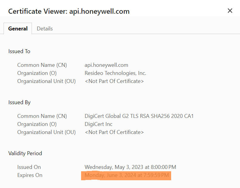 SACHlNG's tweet photo. @Honeywell_Home @Resideo
You have a problem on your https://t.co/74beVLb9PN site. The certificate expired at 8 PM EST today that is breaking all api calls and home automations. Can you look at this urgently? @home_assistant https://t.co/rHsDTV2MJk
