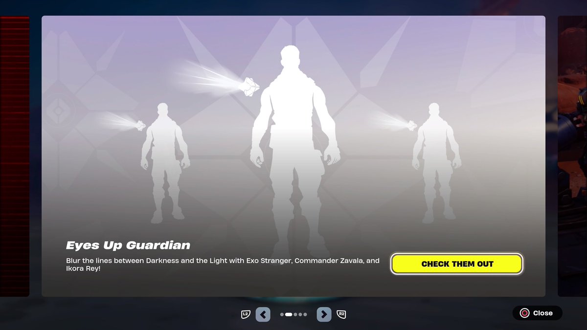 Lowlight23's tweet photo. @FortniteGame @FortniteStatus ,thank you for bringing back the #destiny2 skins to #fortnight! 🤩 any chance the emote shown in the news section will be brought back as well? Thank you again. https://t.co/YuGYJj2cE3