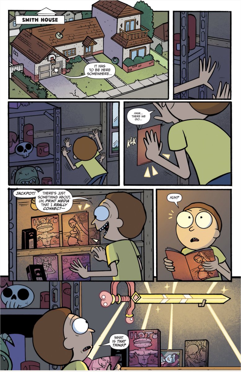 Here’s Morty “exploring” Rick’s secret stash in the garage only to find a Ball Blade 😭 Shot from Kingdom Balls Issue 1 via <a href="/OniPress/">Oni Press</a> 

➡️Pencils &amp; Inks by Me (Pentel + Micron) 
➡️ Colors by <a href="/HankJonesColors/">Hank Jones</a> 
➡️ Story by <a href="/PlasticSwordPrs/">Ryan Little</a> &amp; <a href="/losthiskeysman/">Josh Trujillo! 🏳️‍🌈</a> 
➡️Letters by Crank!
