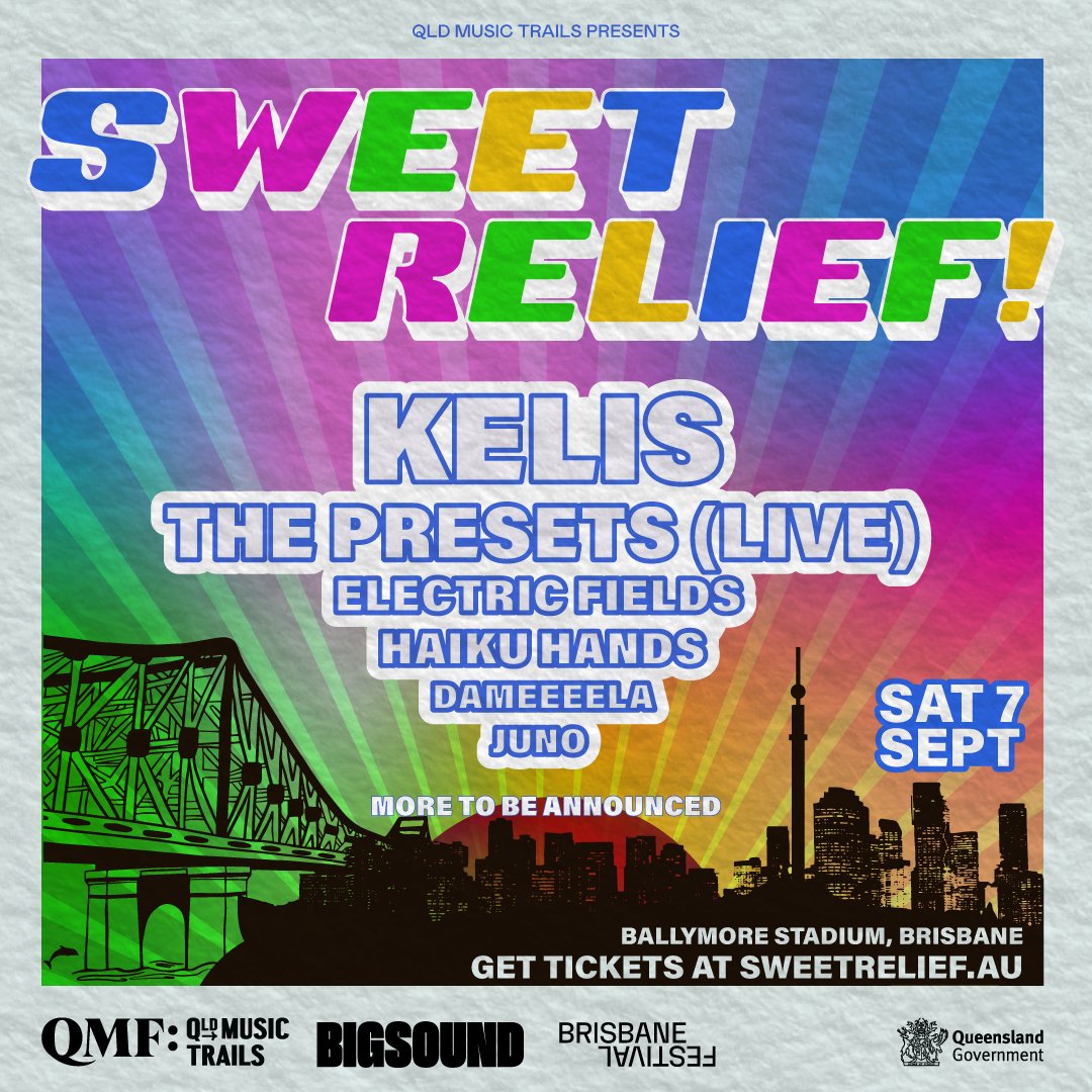 BRIZZY! We’re pumped to announce that we’re bringing our LIVE show to Sweet Relief! Music Festival at Ballymore Stadium on Sat 7 September! 🎉
 
Presale code: PRESETSSRPRE24 (limited number of discounted Early Bird tickets, 'til 7 June)
 
SEEYA THERE 👉 qmtrails.co/3x5lpkP