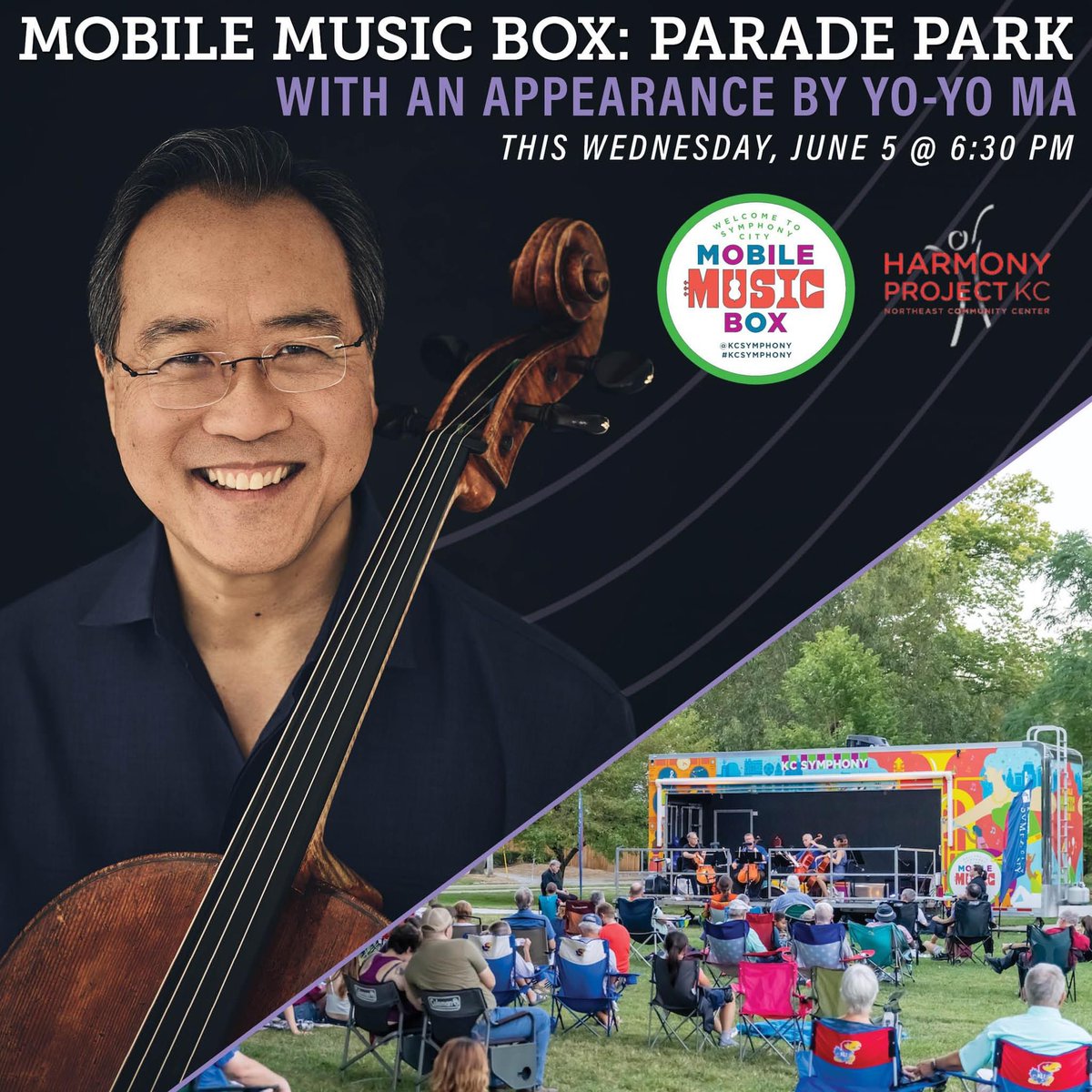 kcsymphony's tweet image. Join us for a special Mobile Music Box performance at Parade Park this Wednesday, June 5 at 6:30 PM, featuring a special appearance by Yo-Yo Ma! Visit kcsymphony.org for more details on this event. Thanks to Hallmark.