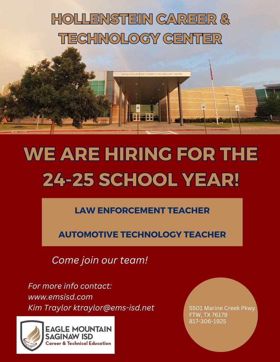 We are looking for teachers to join our team!  <a href="/EMSISD/">EMS ISD</a> <a href="/EMSISD_CTE/">EMSISD CTE</a> #HCTCready #EMSproud <a href="/KimTraylor01/">Kimberly Traylor</a>