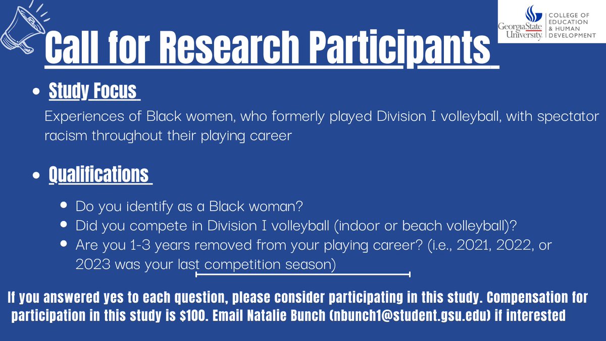 🚨Call for research participants 🚨

I have started my dissertation, which is focused on examining the experiences of Black women, who formerly played Division I volleyball, with spectator racism. If you know someone who could be interested in participating, please let me know