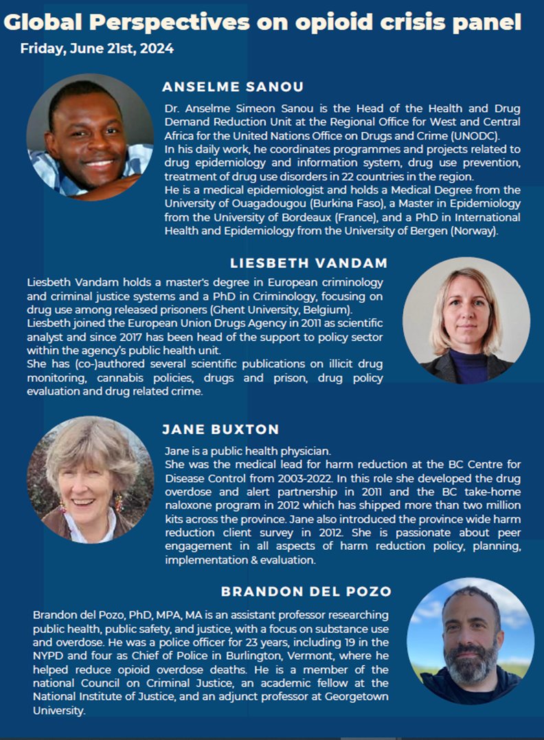 Excited for this <a href="/ISSDrugPolicy/">ISSDP</a> panel providing a global perspective on issues surrounding #opioids

Featuring  <a href="/UNODC/">UN Office on Drugs & Crime</a>'s Anselme Sanou, @EMCDDA's Liesbeth Vandam, Jane Buxton (fmr HR lead <a href="/CDCofBC/">BC Centre for Disease Control</a>) &amp; <a href="/BrownUniversity/">Brown University</a>'s <a href="/BrandondelPozo/">Brandon del Pozo</a> 

Please join us! event.fourwaves.com/issdp2024/pages