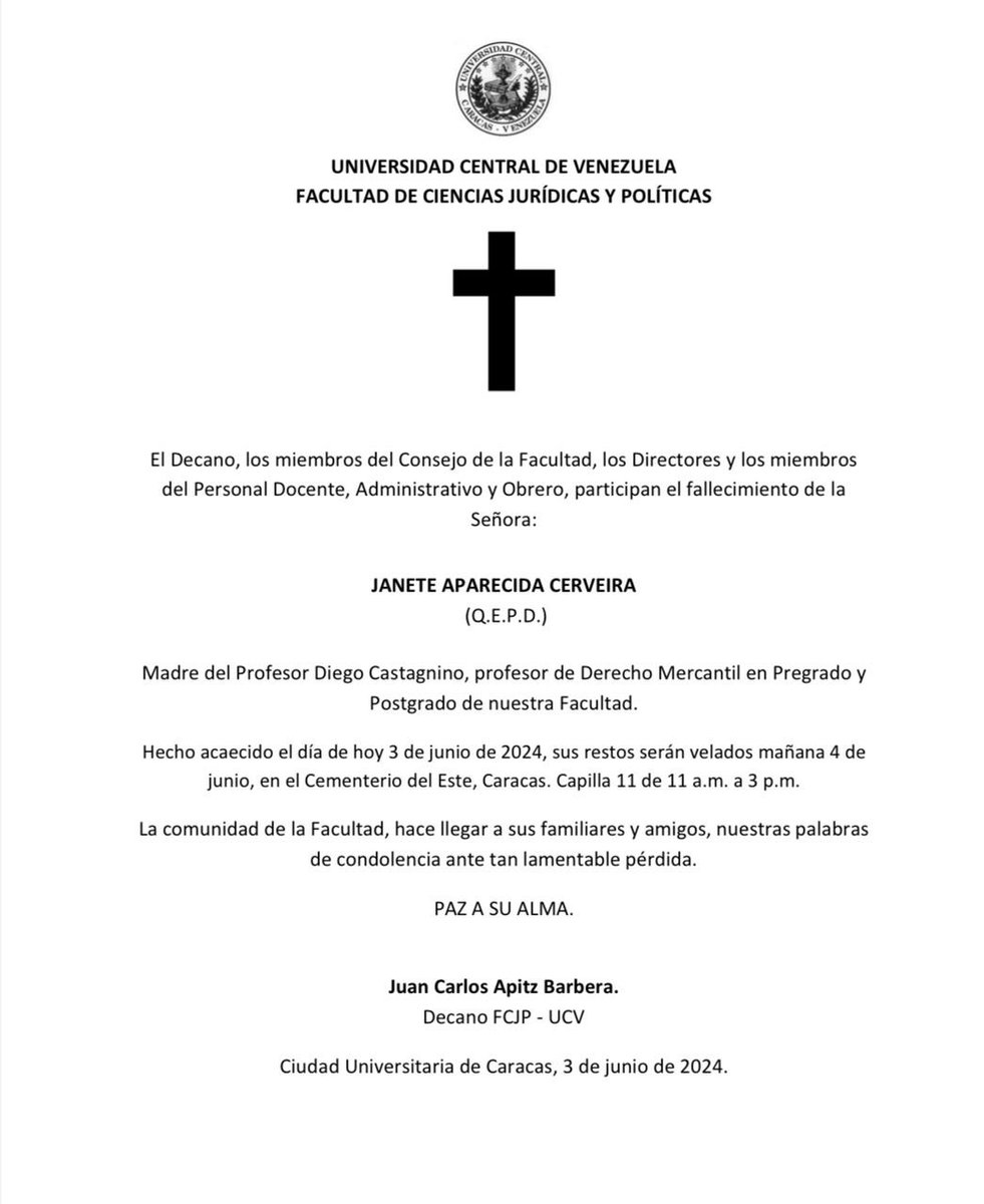 Expresamos nuestras palabras de condolencias al Prof. Diego Castagnino, integrante de la Cátedra de Derecho Mercantil, ante el sensible fallecimiento de su señora madre. Que en paz descanse.