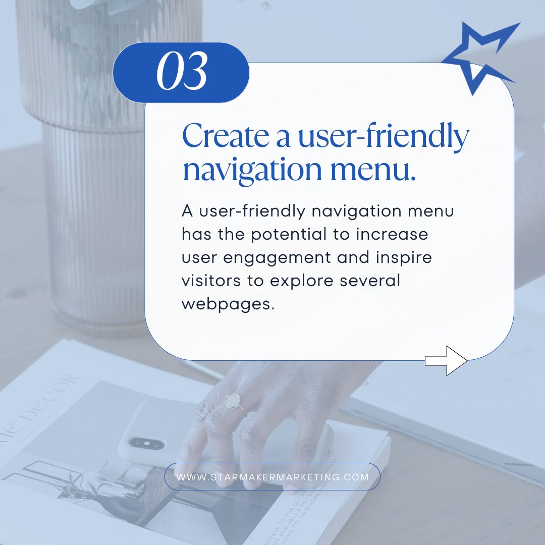 gostarmaker's tweet image. Effective Web Design Tips for Improving Your Website

1. Design a simple homepage.
2. Include white space.
3. Create a user-friendly navigation menu.
______
#simplewebdesign #whitespace #usefriendly #webdesigntips #webtips #website #webdesign #starmakermarketing