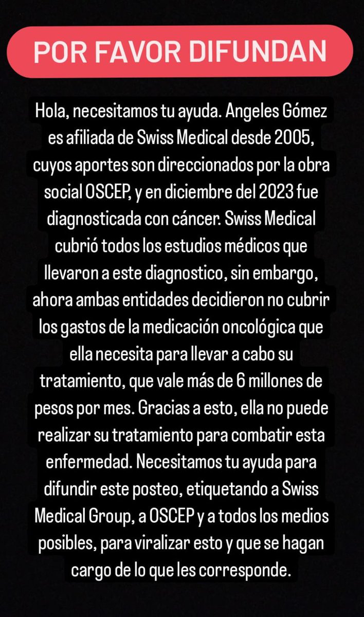 solesohighskl's tweet image. DIFUSIÓN TOTAL🚨

a Angeles le están negando su tratamiento oncológico correspondiente y ni su prepaga ni su obra social se hacen cargo. ayudenme porfa difundiendo, taggeen gente, ayudenme a hacer ruido! esto es inaceptable.

@SwissMedicalG