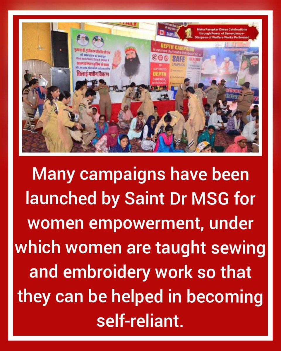 Nowadays women work equally with men but still they are discriminated against.With the inspiration of Ram Rahim ji, Dera Sacha Sauda under Self Esteem teaches sewing and embroidery to needy women so that they can help their families.
#WomenPower