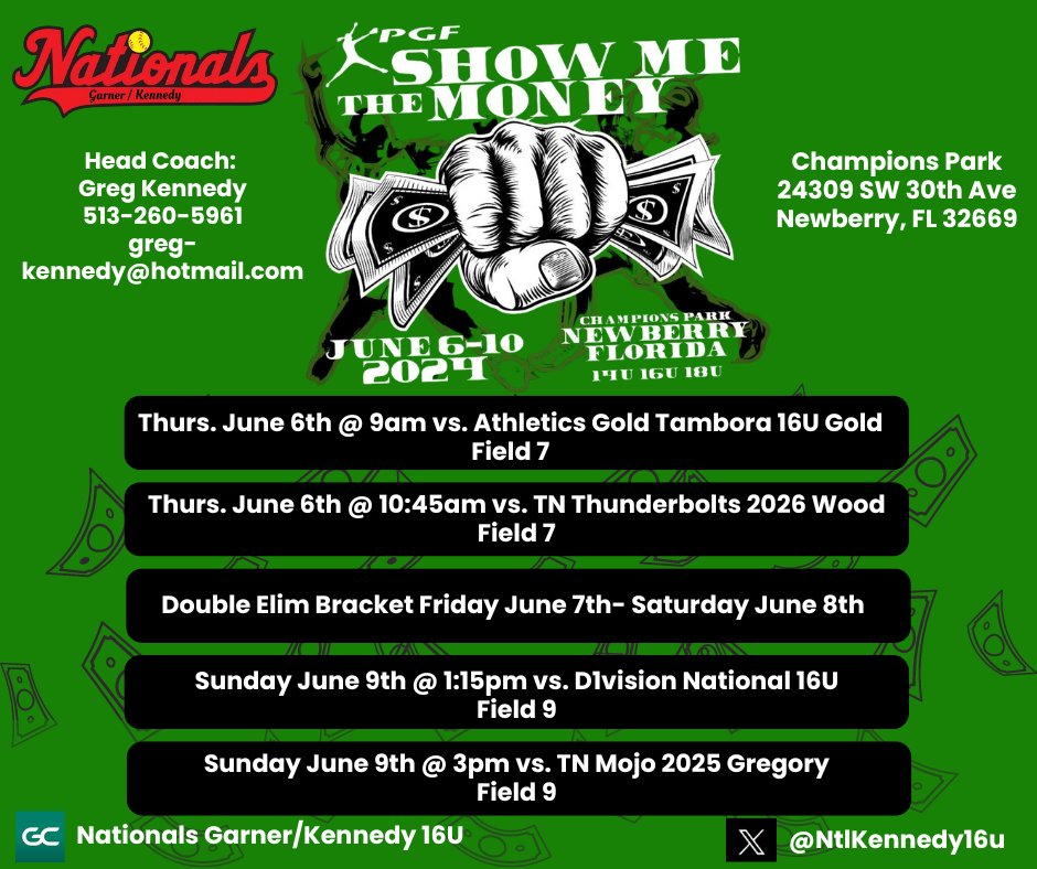 NtlKennedy's tweet photo. We’re headed to the ☀️ state for our first tournament of the season!

💰Show Me The Money
📅 June 6-9th, 2024
📍Newberry, FL https://t.co/DGIkT2pwzV