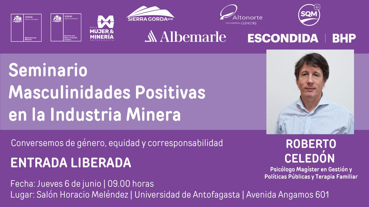 Les invitamos al "Seminario: Masculinidades Positivas en la Industria Minera", dictado por Roberto Celedón.Este jueves 6 de junio a las 9hrs, en el Salón Horacio Meléndez de la <a href="/udeantofagasta/">Universidad de Antofagasta</a> |Av. Ángamos #601 .Previa inscripción, en el siguiente link: docs.google.com/forms/d/e/1FAI…