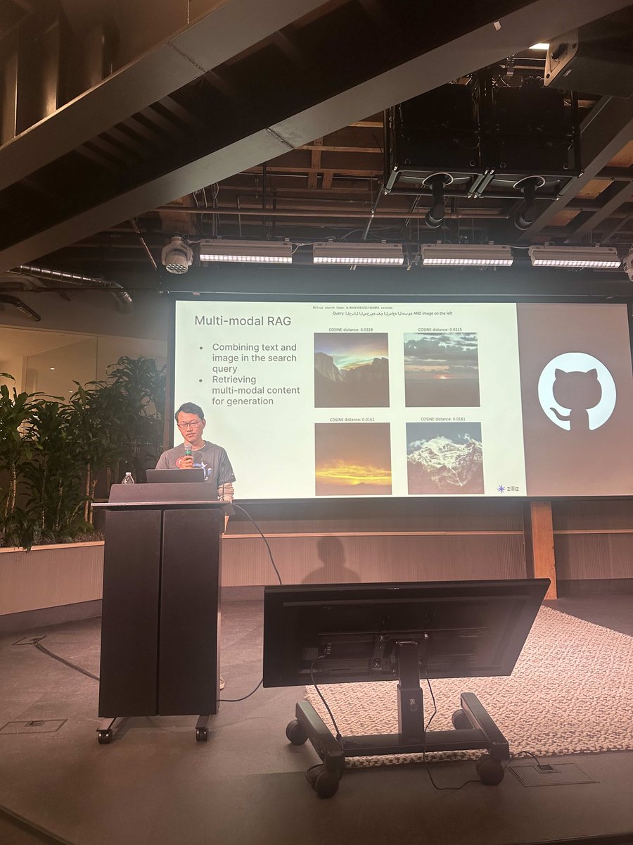 . @jiangc1010 presented at the Unstructured Data Meetup. With the most recent integration with @SnowflakeDB, you can build GenAI apps with @milvus in Snowpark containers now! And it goes beyond the chatbot RAG demos (hint: multi-modal😉)