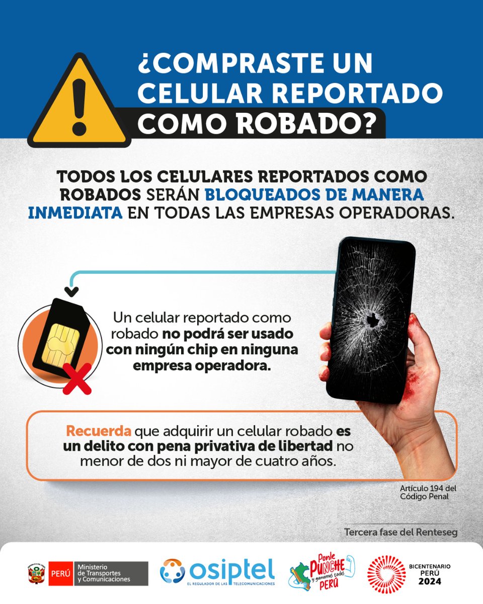 MTC_GobPeru's tweet photo. #ATENCIÓN 🚨 Todos los celulares reportados como robados serán bloqueados inmediatamente y no podrán ser usados en ninguna empresa operadora.
Verifica el estado del equipo en #ChecaTuIMEI https://t.co/H4EpEFHaay
#CompraInformado. ➡️ https://t.co/SF8sshILmv https://t.co/BPukiZeNh6