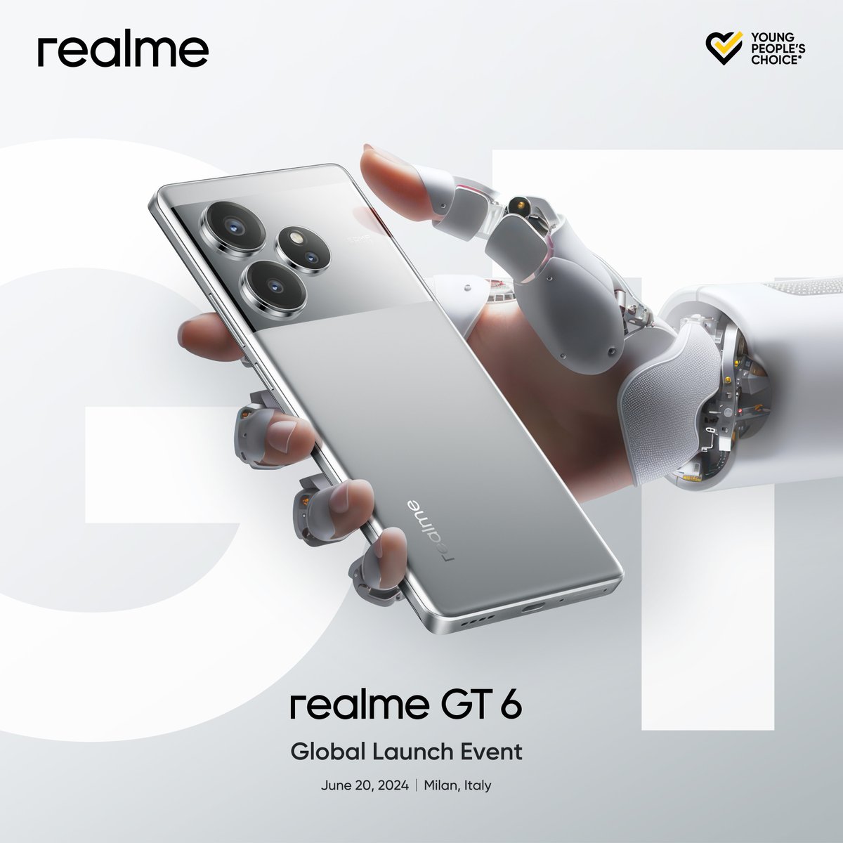 realmeindonesia's tweet photo. 𝙄𝙩'𝙨 𝙛𝙞𝙣𝙖𝙡𝙡𝙮 𝙝𝙚𝙧𝙚. Let's witness the greatness of realme GT 6 on June 20th. New flagship killer powered by AI. 

RT &amp; LIKE post ini + komen “Finally #realmeGT6 #realmeGTisBACK”. Menangkan AIoT produk. Gratis!

#AIFlagshipKiller #PowerMeetsAI https://t.co/PvlH7WgFJP