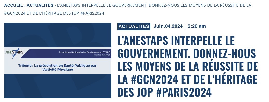 patrickbayeux's tweet image. L’ANESTAPS interpelle le gouvernement. Donnez-nous les moyens de la réussite de la #GCN2024 et de l’héritage des JOP #Paris2024.  L' @ANESTAPS   a mobilisé de nombreuses structures et une centaine de signataires  autour d'une tribune en faveur du sport santé dont de nombreux…