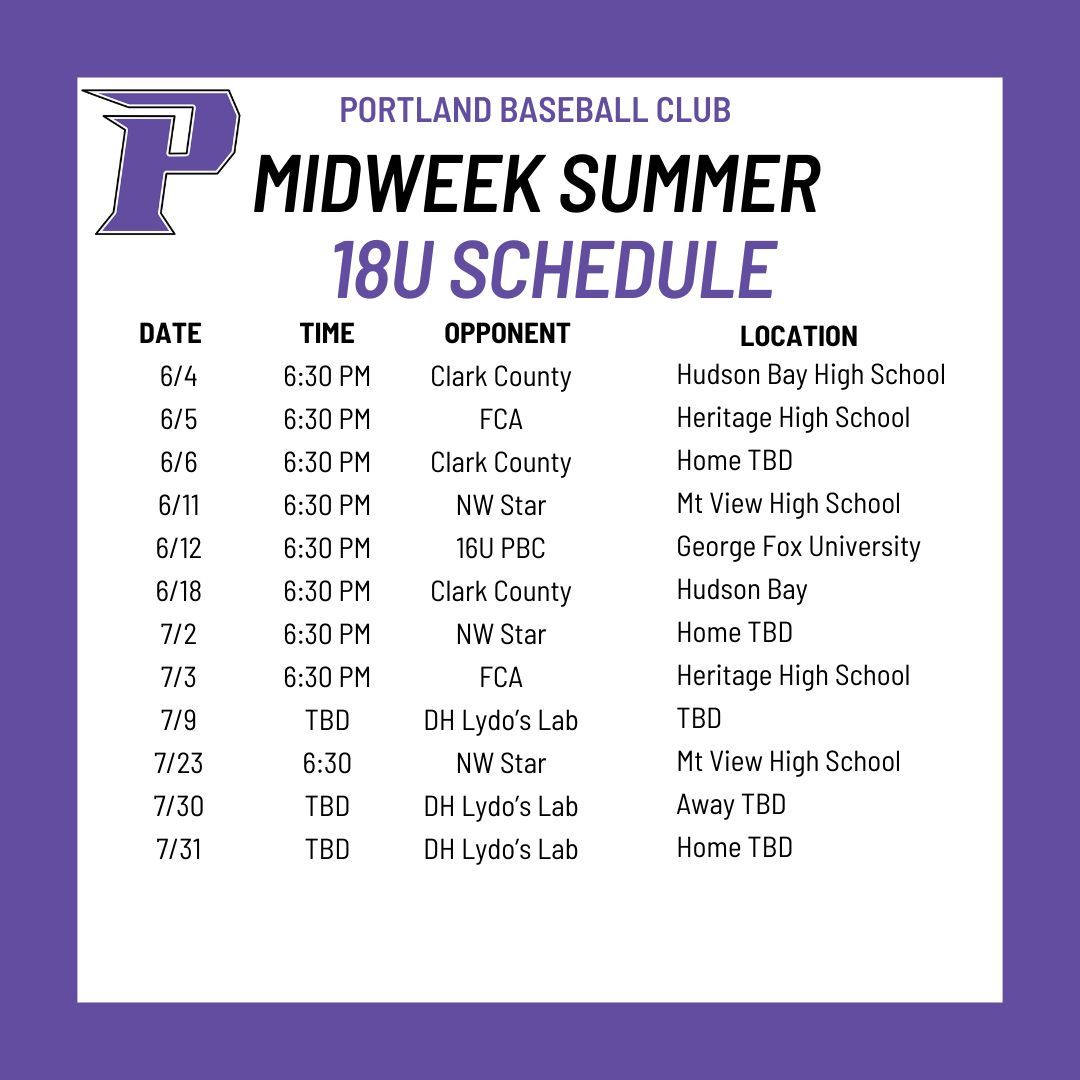 PBC 18U schedule will feature nearly 50 games and 6 tournaments all played on the top fields and at the top college programs in the NW.  Schedule is subject to change so stay tuned to our social media for weekly schedule posts.