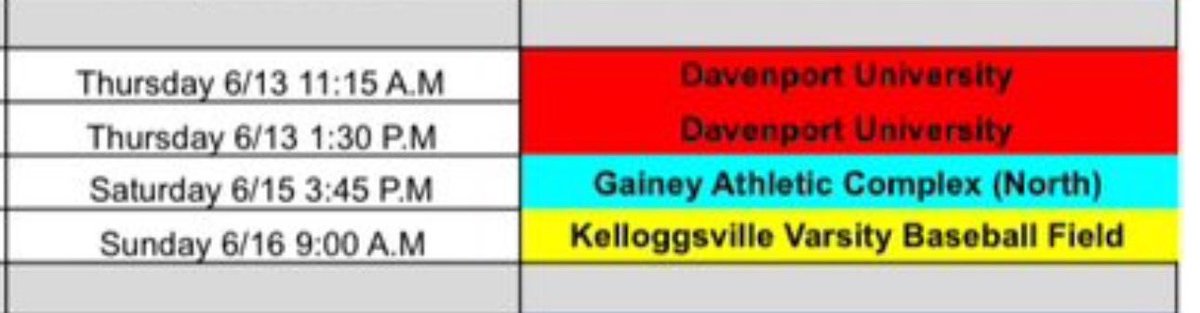 Schedule for first summer ball tournament in Grand Rapids: 

<a href="/MIEliteSelect/">Michigan Elite Select 18u</a>