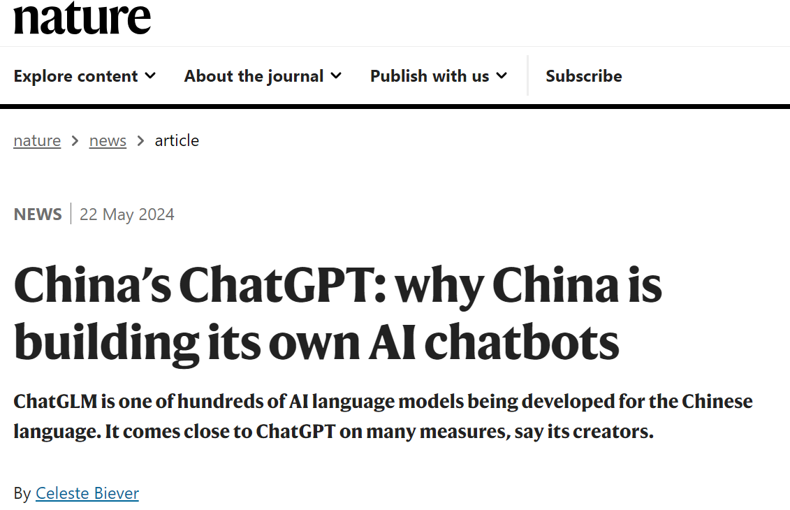thudcst's tweet photo. #NatureJournal published ‘China’s ChatGPT: why China is building its own AI chatbots,’ detailing the development of the #ChatGLM model and its impact on Chinese language AI. https://t.co/qBvE5FIiA1