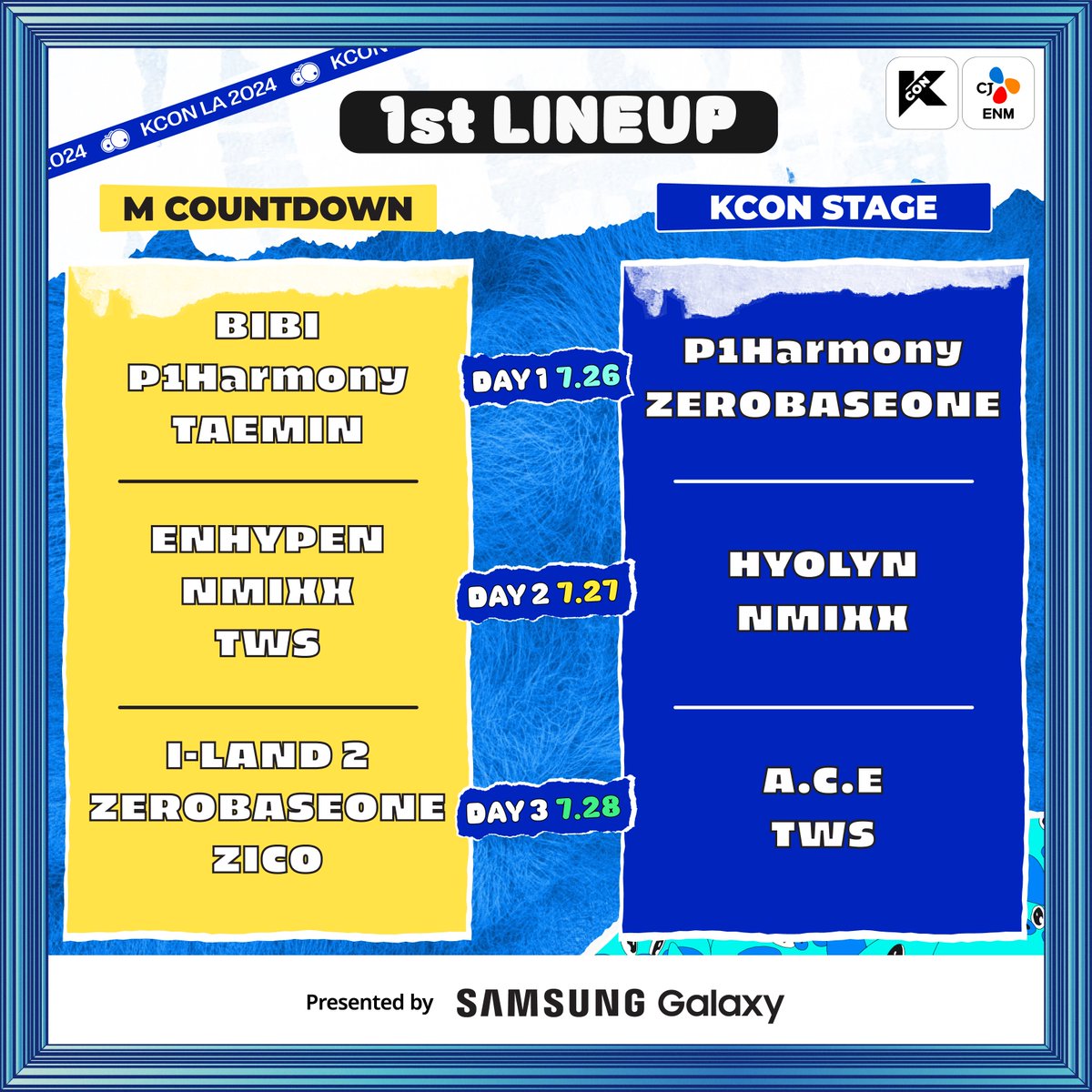 KCON_official's tweet photo. [#KCONLA2024] 1st LINEUP

💙 #ACE #BIBI #CRAXY #DXMON #ENHYPEN #HYOLYN #isaachong #ILAND2 #NMIXX #P1Harmony #TAEMIN #TWS #ZEROBASEONE #ZICO 💚

Enjoy KCON with your favorite artist! 🤩
There will be 4 or more STAGES, and many more SPECIAL PERFORMANCES & PROGRAMS are waiting for you!
Come discover new artists — you may even walk out with a new K-POP bias..😳

*𝘈𝘳𝘵𝘪𝘴𝘵 𝘭𝘪𝘯𝘦𝘶𝘱 𝘢𝘯𝘥 𝘵𝘩𝘦 𝘦𝘷𝘦𝘯𝘵 𝘴𝘤𝘩𝘦𝘥𝘶𝘭𝘦 𝘮𝘢𝘺 𝘣𝘦 𝘴𝘶𝘣𝘫𝘦𝘤𝘵 𝘵𝘰 𝘤𝘩𝘢𝘯𝘨𝘦 𝘰𝘳 𝘤𝘢𝘯𝘤𝘦𝘭 𝘶𝘯𝘥𝘦𝘳 𝘤𝘦𝘳𝘵𝘢𝘪𝘯 𝘤𝘪𝘳𝘤𝘶𝘮𝘴𝘵𝘢𝘯𝘤𝘦𝘴

🎈 JUL 26-28
📍 https://t.co/qiQnsCTiVv Arena, LA Convention Center, GILBERT LINDSAY PLAZA

✨Let’s #KCON!