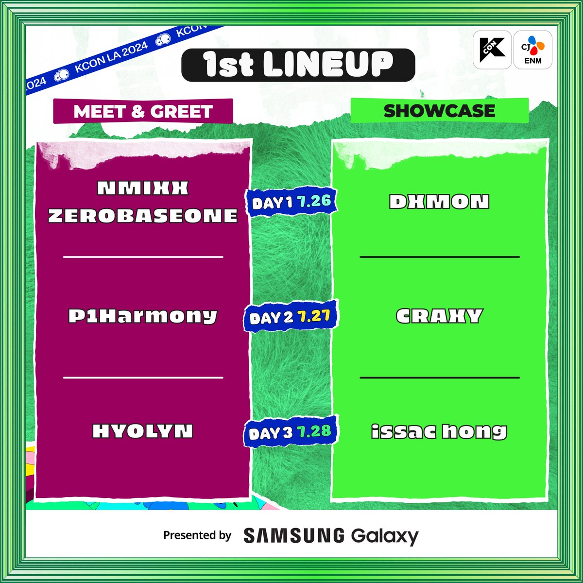 KCON_official's tweet photo. [#KCONLA2024] 1st LINEUP  

💙 #ACE #BIBI #CRAXY #DXMON #ENHYPEN #HYOLYN #isaachong #ILAND2 #NMIXX #P1Harmony #TAEMIN #TWS #ZEROBASEONE #ZICO 💚

Enjoy KCON with your favorite artist! 🤩
There will be 4 or more STAGES, and many more SPECIAL PERFORMANCES & PROGRAMS are waiting for you!   
Even more, come and dig your NEW K-POP BIAS that bumps into your mind!   

*𝘈𝘳𝘵𝘪𝘴𝘵 𝘭𝘪𝘯𝘦𝘶𝘱 𝘢𝘯𝘥 𝘵𝘩𝘦 𝘦𝘷𝘦𝘯𝘵 𝘴𝘤𝘩𝘦𝘥𝘶𝘭𝘦 𝘮𝘢𝘺 𝘣𝘦 𝘴𝘶𝘣𝘫𝘦𝘤𝘵 𝘵𝘰 𝘤𝘩𝘢𝘯𝘨𝘦 𝘰𝘳 𝘤𝘢𝘯𝘤𝘦𝘭 𝘶𝘯𝘥𝘦𝘳 𝘤𝘦𝘳𝘵𝘢𝘪𝘯 𝘤𝘪𝘳𝘤𝘶𝘮𝘴𝘵𝘢𝘯𝘤𝘦𝘴

🎈 JUL 26-28
📍 https://t.co/qiQnsCTiVv Arena, LA Convention Center, GILBERT LINDSAY PLAZA

✨Let’s #KCON!