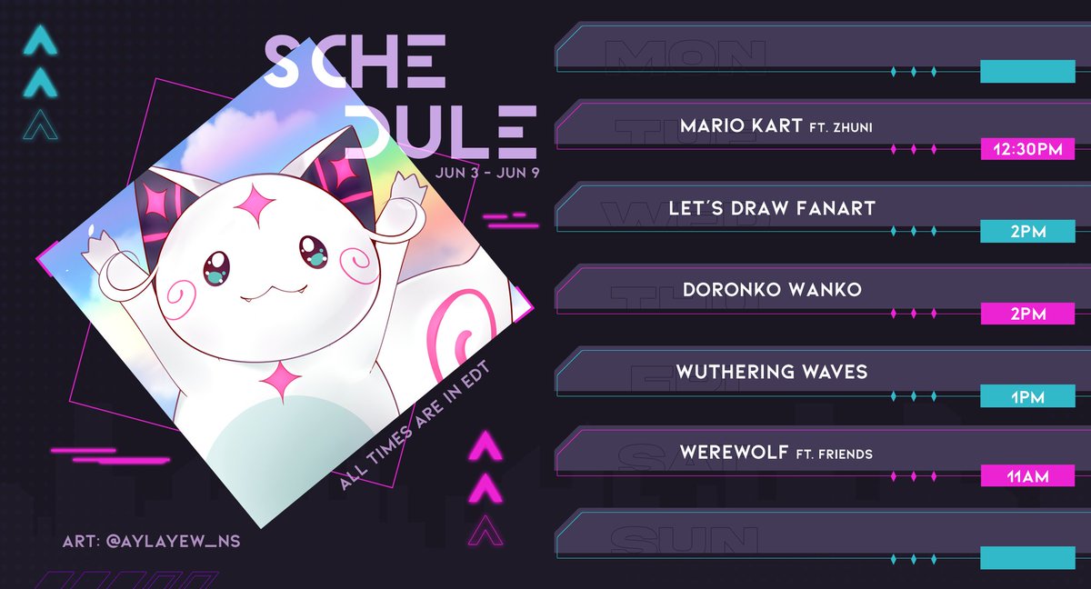 AylaYew's tweet photo. Schedule Jun 3 - Jun 9
Small change in the schedule since Zhuni wanted to play Mario kart together ππ€²
Many games this week!! Let's have a fun time!
General: #AylaYew
Live: #AyLive
Art: #YewDraw
Meme: #AyLaugh
Oshi Mark: ππ«΅ https://t.co/JMBZBcXRs2