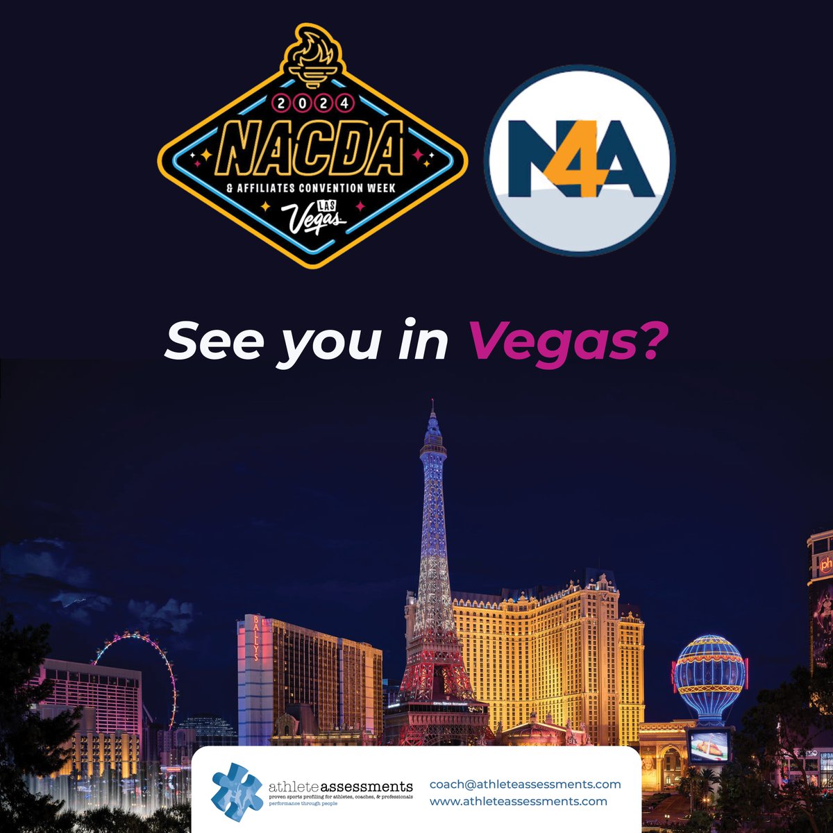 We're proud to be a sponsor of the N4A (<a href="/nfoura/">N4A</a>)  Convention, which will form part of the <a href="/NACDA/">NACDA</a> &amp; Affiliates Convention. 

Please email us at coach@athleteassessments.com if you are attending, or we would greatly appreciate an introduction to those you know who are!
