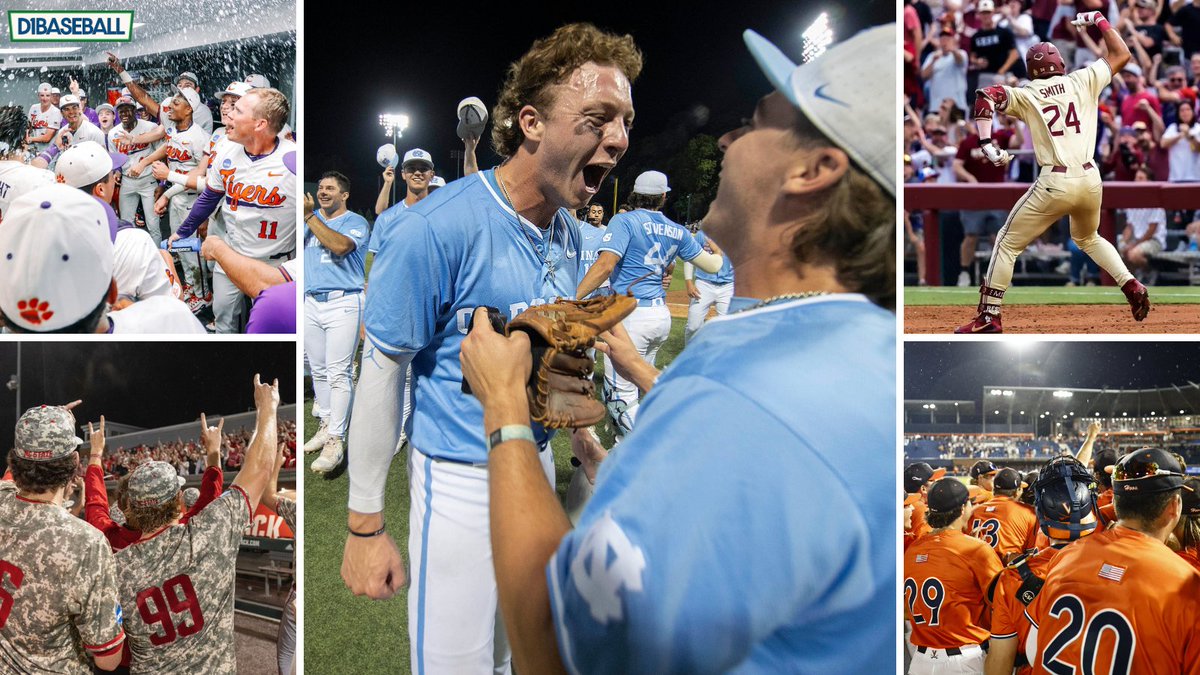 d1baseball's tweet photo. 5 @ACCBaseball teams hosted regionals. All 5 are heading to supers.

🐏 @DiamondHeels 
🐅 @ClemsonBaseball 
🍢 @FSUBaseball 
🐺 @NCStateBaseball 
⚔️ @UVABaseball 

#RoadToOmaha https://t.co/fjL6sSaOsz