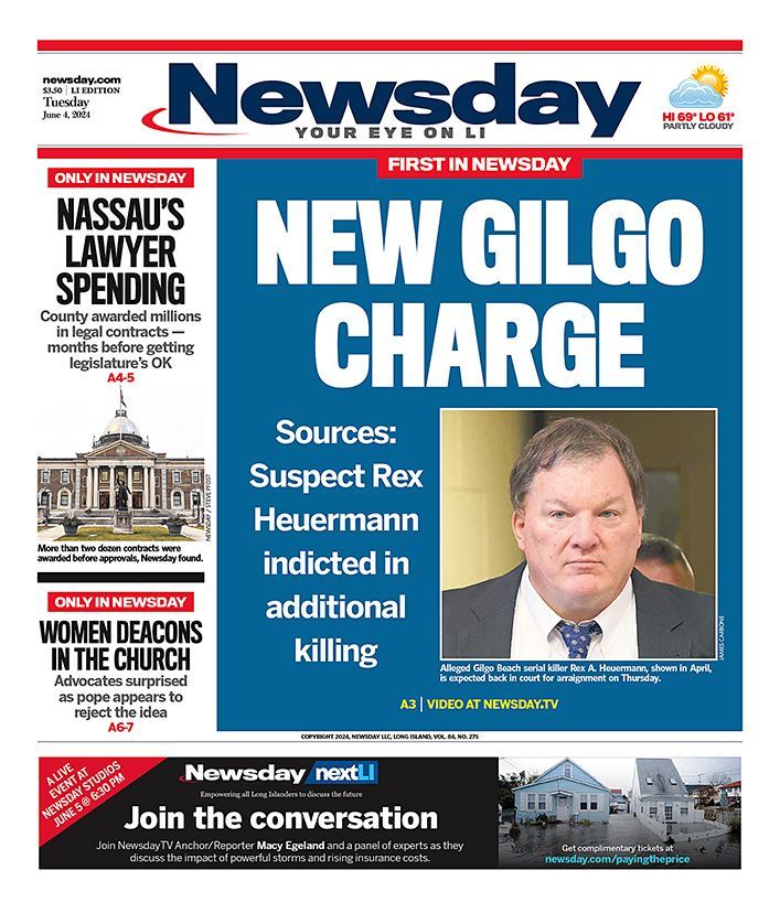Tuesday's cover: Alleged Gilgo Beach serial killer Rex A. Heuermann is expected back in court later this week on a new indictment charging him with an additional killing, multiple sources told Newsday. buff.ly/3X8PN8x