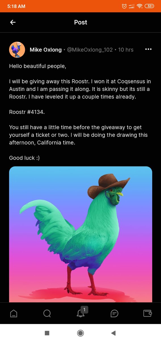 . <a href="/MikeOxlong_102/">Mike Oxlong</a> giving out a Roostr on the Arena! 

Join the arena and a chance arena.social/?ref=ikegochain