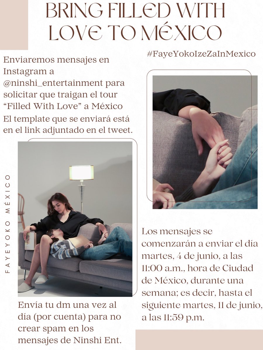 FayeYokoMexico's tweet photo. ¡Hola Blankets! 
Junto a las administradoras de FayeYoko México les traemos éste proyecto para pedir que traigan el tour "Filled With Love a México"

Estaremos usando en nuestros tweets.

BRING FILLED WITH LOVE TO MEXICO
#FayeYokoIzeZaInMexico 

Unete a nosotras en esto y hagamos nuestro sueño realidad 🤍

¡Más información en las imagenes!

No olvides taggear a: @9starstudiosth y a @ninshi_ent en todos tus tweets!

En las imágenes siguientes esta toda la información de el proyecto!