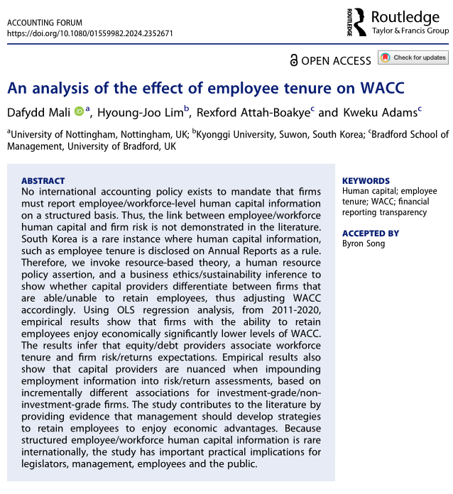 📢Hot Off the Press in #AccForum - An analysis of the effect of #employee #tenure on #WACC by <a href="/DafyddMali/">Dafydd Mali</a>, Hyoung-Joo Lim, <a href="/RexfordAttah/">Dr Rexford Attah-Boakye</a> &amp; <a href="/kweku_adams/">Dr Kweku Adams</a> 
<a href="/UniofNottingham/">Uni of Nottingham #WeAreUoN</a> <a href="/realkgu/">Kyonggi University</a> <a href="/UniofBradford/">University of Bradford</a> 
#Human #capital #financialreporting #transparency
tandfonline.com/doi/full/10.10…