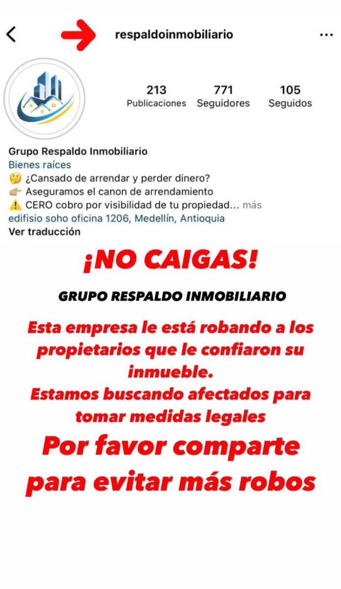 EstafaGruporesp's tweet photo. Venga le cuento… 🚨Como nos estafaron a decenas de personas en Medellín. 🆘

Quiero hacer pública la estafa y la captación de dinero que está realizando @RespaldoIn47940 afectando cientos de personas, familias, adultos mayores y el patrimonio de muchas familias 

Abro hilo 👇🏼 https://t.co/XuhsGuRDq9