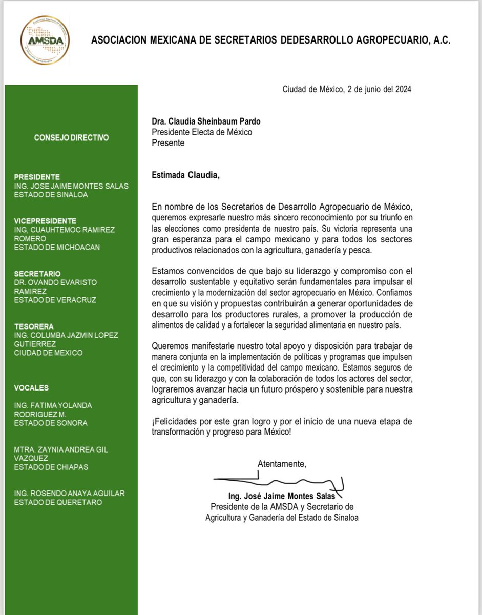 Con entusiasmo saludamos la designación de  <a href="/Claudiashein/">Claudia Sheinbaum Pardo</a> como la primera Presidenta de México. Que sea lo mejor para el campo mexicano y para nuestro País. Enhorabuena <a href="/josejaimems/">Jaime Montes Salas</a> <a href="/JulioBerdegue/">Julio Berdegué</a>