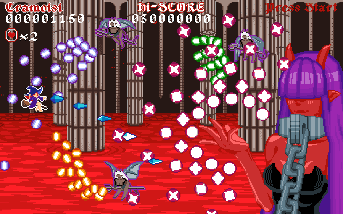 50DA_Crow's tweet photo. Hi there, here a mock up of "witch project" post bullet hell jam that still improve together with @HellishGambler_ 

#bullethell #danmaku #postjam #gamejam #shmup #STG #gamedev #retroindie #indiegame #pixelart #demons #hell #witch #magicalgirls #mahoushojou https://t.co/J8BNgplM7v