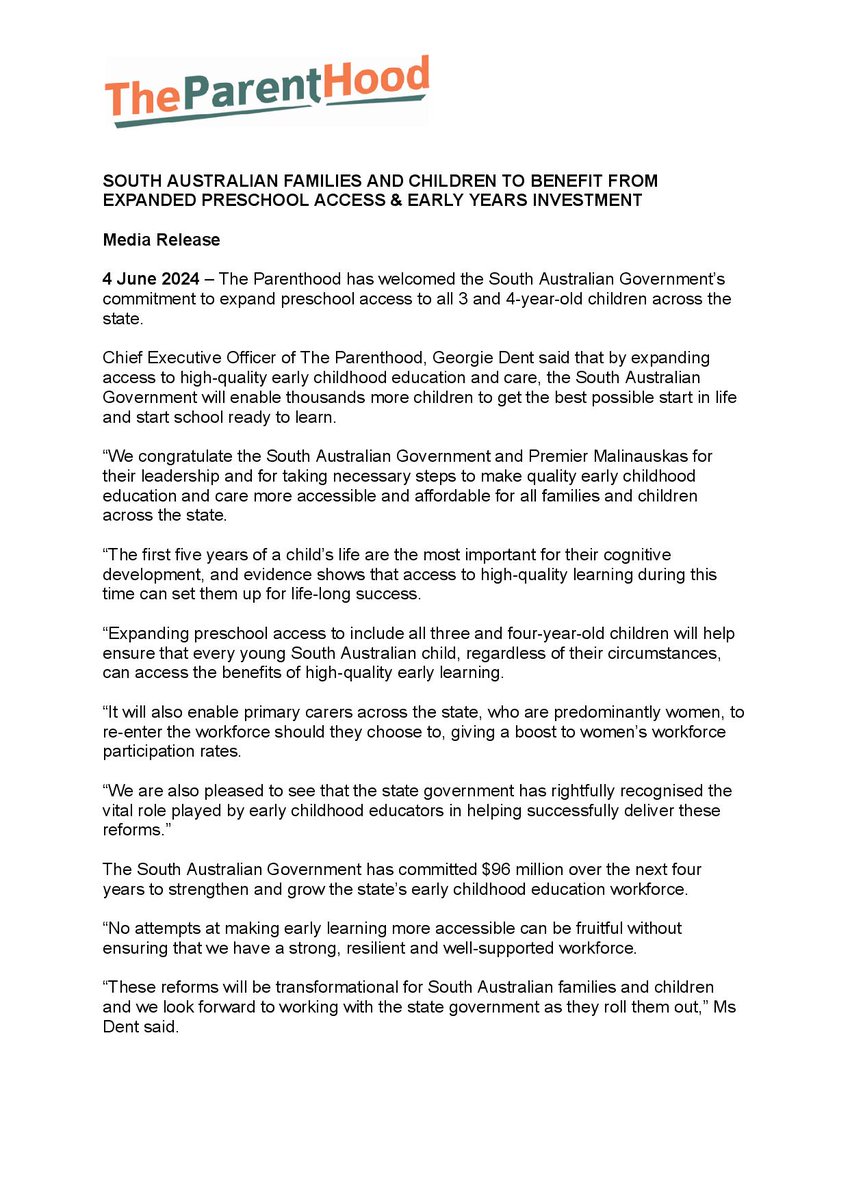 "We congratulate the SA Government and <a href="/PMalinauskasMP/">Peter Malinauskas</a> for their leadership and for taking necessary steps to make quality early childhood education more accessible and affordable for all families and children across the state," <a href="/georgiedent/">Georgie Dent</a> says in our media release 👇👇👇